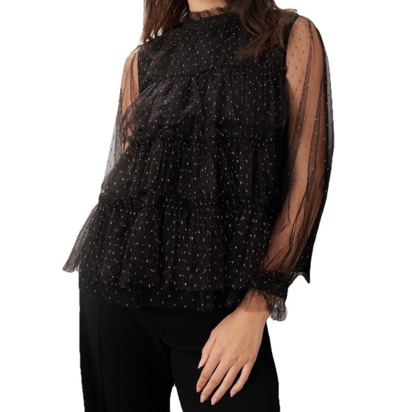 Adam Lippes Tops - Adam Lippes Sheer Ruffle Top Black Gold Tiered Ruffle Blouse Womens Size 8
